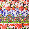 Pieni lisäkuva, jossa Trikoo digiprint (raportti) linnut, ruusut ja raidat vaaleanpuna-viher-sini
