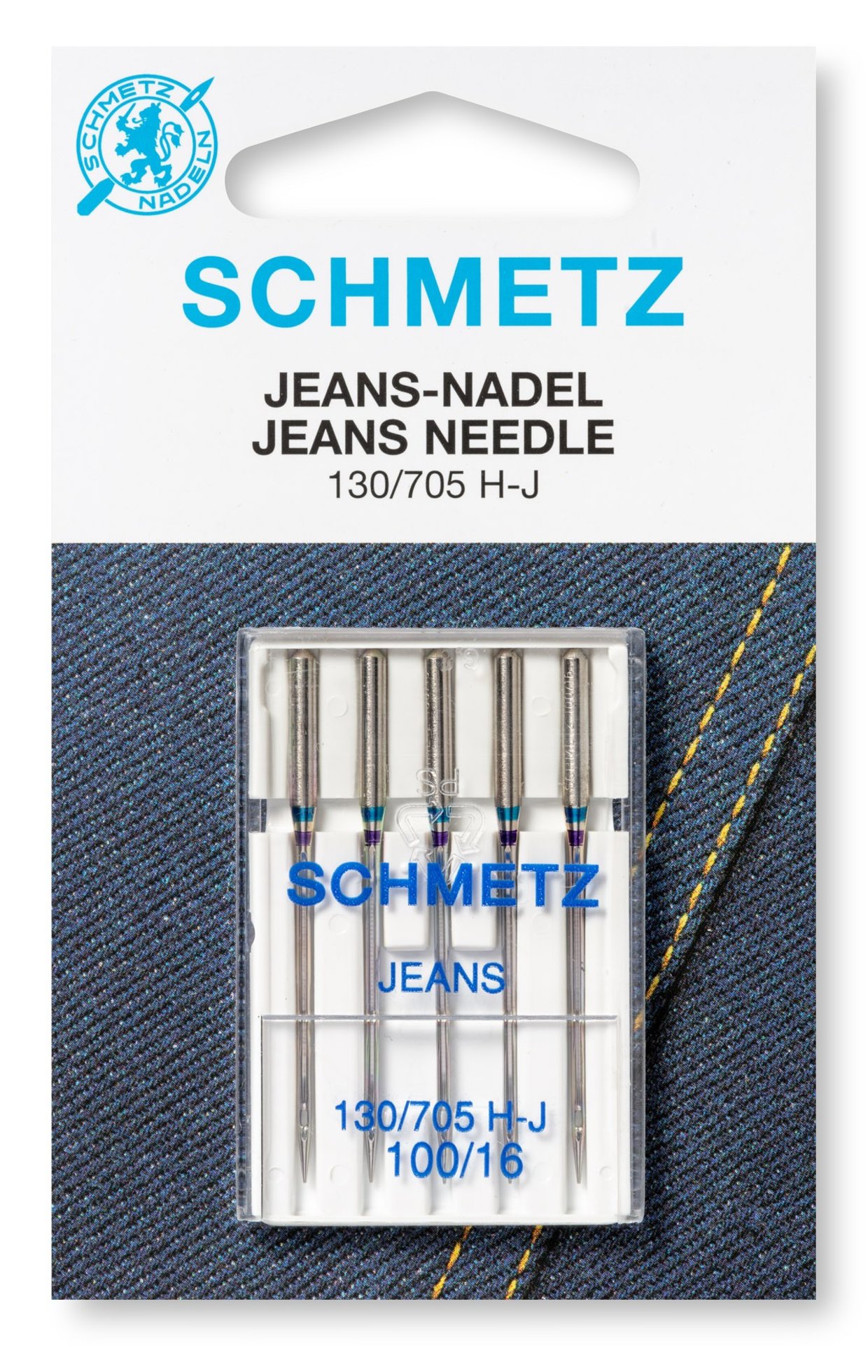 Kuvassa Jeans eli farkkuneula Schmetz (kokolajitelma 2x90 2x100 1x110)